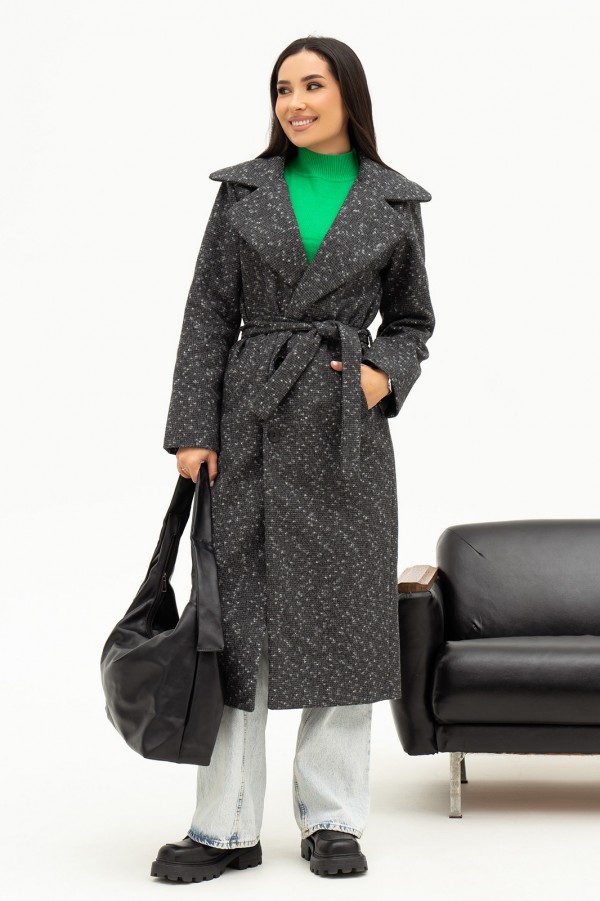 Серое фактурное кашемировое пальто с поясом
