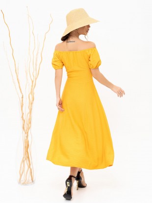 Горчичное льняное платье с открытыми плечами: 607 грн. фото 4